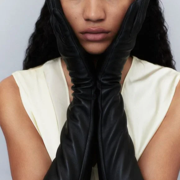 H&M Studio Collection 2023 Leather Evening Long Black Elbow Gloves XS/S - Picture 4 of 11